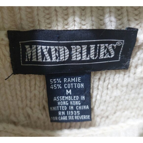 Vintage Mixed Blues Mock Neck Ivory Cable Knit Sweater Medium~80's~Heavy/Thick - Picture 4 of 10